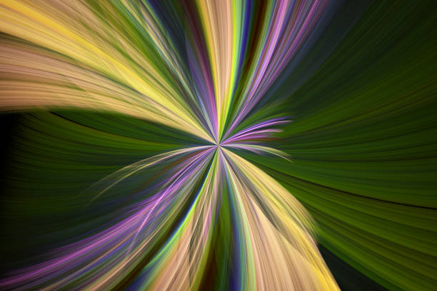 Orange multi-colored pattern of curved rays from the center on a black background. Abstract fractal 3D rendering