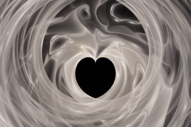 Gray pattern of crooked waves with a heart on a black background. Abstract fractal 3D rendering