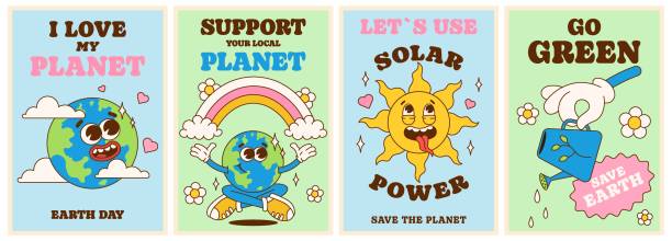 Save The Planet Poster Set In Trendy Groovy Style Earth Day Solar