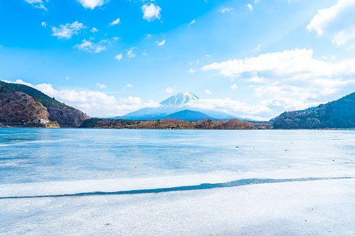 View of Mt. Fuji in winter at Lake Shoji, which is frozen. Lake Shoji is one of Fuji Five Lakes.