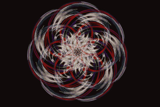 Red gray floral round pattern of curved lines on a black background. Abstract fractal 3D rendering