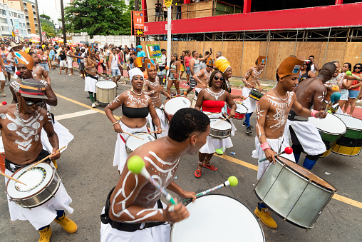 Salvador, Bahia, Brazil - February 11, 2023: Group of percussionists play during the Fuzue parade, at the carnival in the city of Salvador, Bahia.