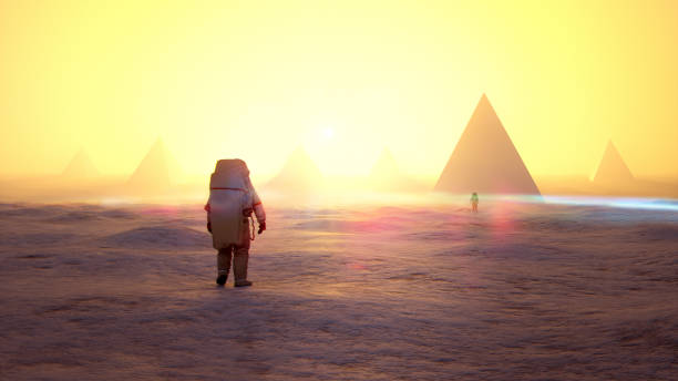 Chinese astronauts walking towards mysterious pyramids over a frozen winter landscape of an exo planet's surface. 3D generated image.