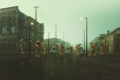 Team of emergency workers in hazmat suits. 3D generated image.