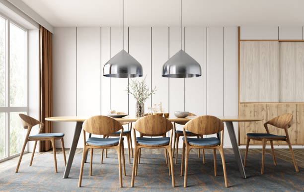 istock Interior design of modern dining room, dining table and wooden chairs. 3d rendering 1474691018
