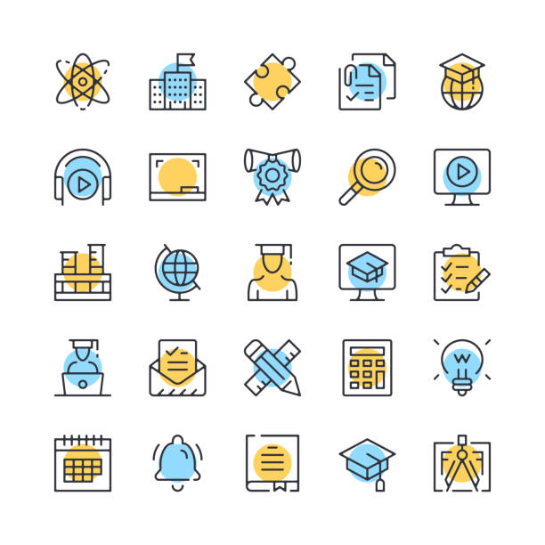 Education line icons. Set of learning icons. Black, blue and yellow colors. Modern linear outline graphic design. Vector line icons set - ilustração de arte vetorial