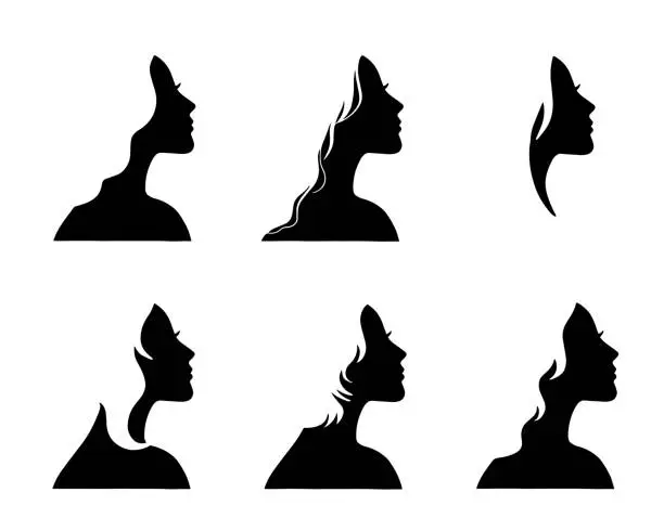 Vector illustration of Portrait of beautiful women with a white hairstyle, female profile, isolated silhouette.