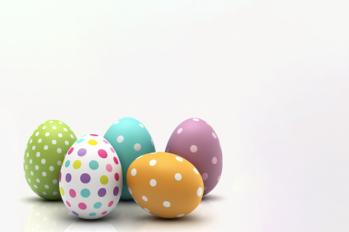 five colorful easter eggs on white background. minimalism stile