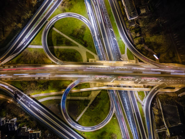 istock Aerial view of large road intersection, night landscape 1474693368