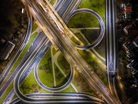 Aerial view of large road intersection, night landscape.