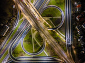 Aerial view of large road intersection, night landscape