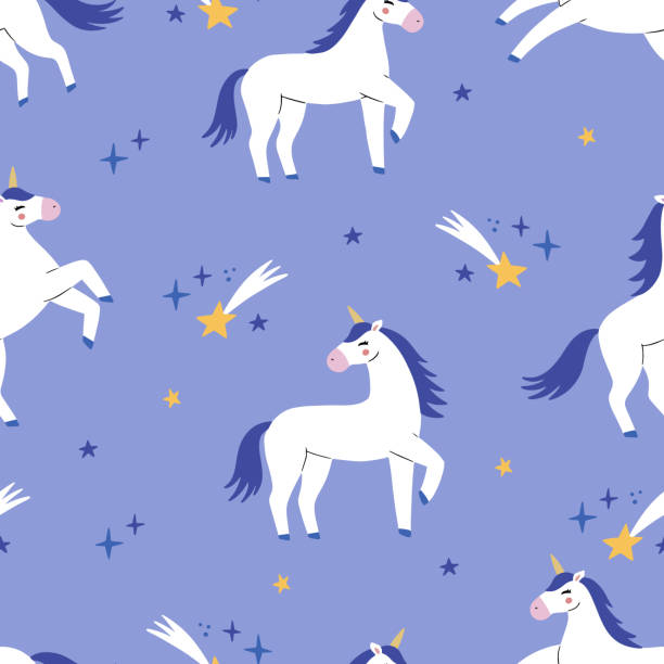 Cute cartoon colorful seamless pattern with unicorns and stars on pastel background. Perfect for kids textile, wallpaper, wrapping paper etc. Vector illustration unicorn fish stock illustrations