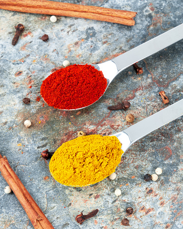Red and yellow spices on spoons, and pepper, cinnamon and cloves. Vertical picture 4 x 5