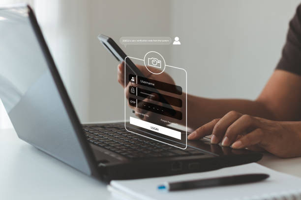 istock Login, User, identification information security and encryption, Account Access app to sign in securely or receive verification codes by email or text message. Cyber security in two-step verification. 1474697314