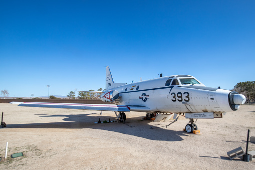 Ridgecrest, CA USA Feb 15, 2023: Naval Plane parked out front of China Lake Museum