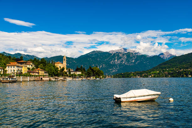 The town of Tremezzina, on Lake Como, photographed on a spring day.