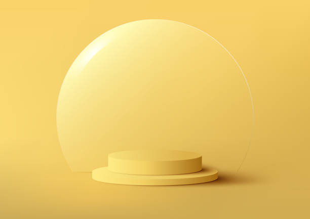istock 3D realistic yellow podium pedestal stand with circle transparent glass isolated minimal wall scene background 1474702504