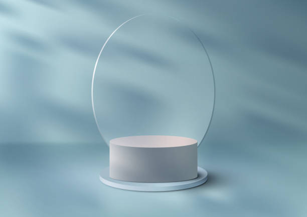 istock 3D realistic products display white and blue podium cylinder stand with transparency oval glass backdrop 1474702536