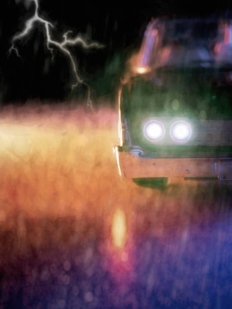 A classic car illuminated at night during a storm.