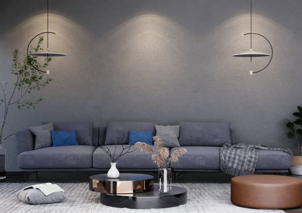 modern living room mock up with light gray sofa modern living room mock up with light blue sofa, stool near coffee table, modern rug, empty gray wall, luxury living room, Scandinavian nordic style, for text message or content. 3D rendering, 3D Illustration carpet cushion stock pictures, royalty-free photos & images