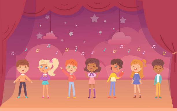 illustrations, cliparts, dessins animés et icônes de les enfants chantent en musique sur la scène de théâtre avec des rideaux rouges illustration vectorielle. bande dessinée de filles et de garçons chantant une chanson en chœur, des chanteurs heureux mignons personnages montrent une performance de conc - theatrical performance stage theater curtain movie