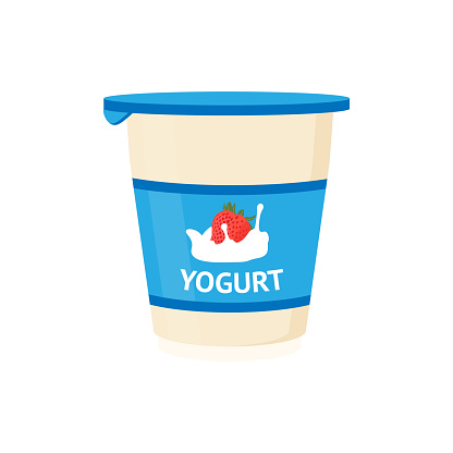 Strawberry yogurt package vector illustration. Cartoon isolated plastic yoghurt pack with milk product splash and berry on blue label, container with sweet creamy fresh dessert and healthy yogurt.
