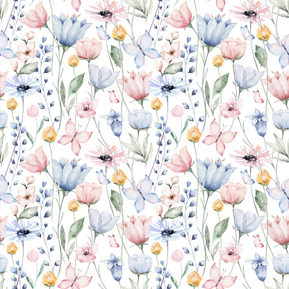 Seamless floral pattern with abstract blue pink flowers and leaves. Watercolor colorful print in rustic vintage style, textile or wallpapers background.