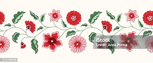 istock Indian Chintz Flowers Vector Seamless Hotrizontal Pattern Border 1474708608