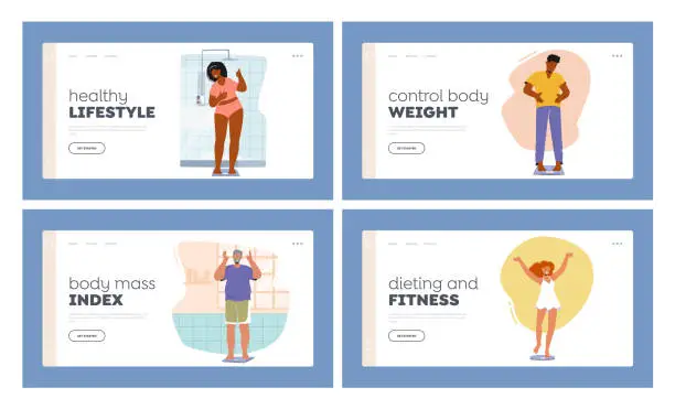 Vector illustration of Dieting And Motivation Landing Page Template Set. Characters Stand On Scales, Measuring Weight Loss or Gain Progress