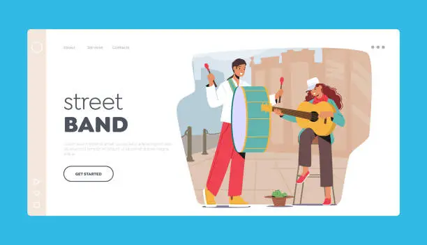 Vector illustration of Street Band Landing Page Template. Musical Performance with Musicians Man and Woman Perform Show with Drum and Guitar