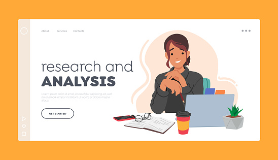 Research and Analysis Landing Page Template. Student Girl Character Seated At Desk, Surrounded By Book, Laptop, Coffee and Phone. Concept of Educational Process. Cartoon People Vector Illustration