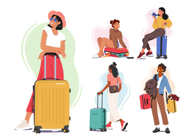 zestaw postaci kobiecych z walizkami i torbami zmierzających w kierunku lotniska lub dworca kolejowego. koncepcja podróży - women travel tourist suitcase stock illustrations