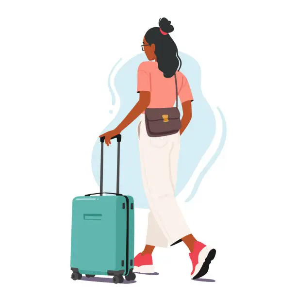 Vector illustration of Woman Character Carrying Luggage In the Airport, Ready To Embark On Her Journey. Concept of Travel, Excitement