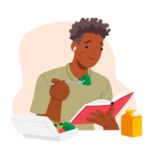 Vector illustration of Student Male Character Seated At Table Eating Lunch With Book In Hands. Concept Of Scholarly And Studious Atmosphere