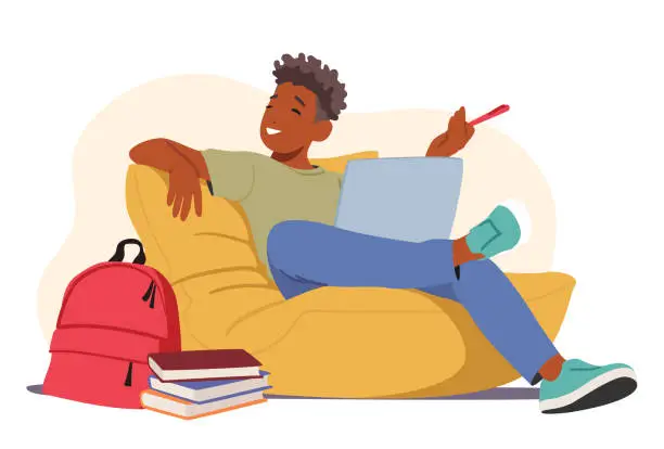 Vector illustration of Relaxed Student Male Character Sitting With Laptop And Books On Beanbag During Educational Or E-learning Process