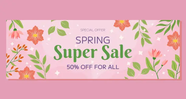 Vector illustration of Pink flowers, green leaves berries framing, soft background. Spring Super Sale horizontal banner, seasonal promotion, discount. Warm, inviting atmosphere, evoking beauty, freshness of spring.