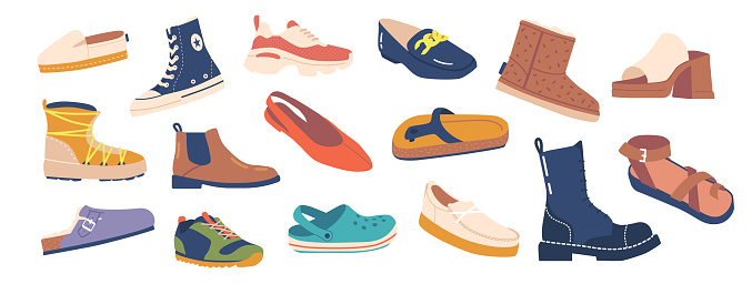 Set Of Various Footwear Isolated Icons. Running Shoes, Dress Shoes, Sandals And Loafers, Boots, Sneakers, Ballet Flats, Heels, Flip-flops, Pumps, Platforms, Slippers. Cartoon Vector Illustration