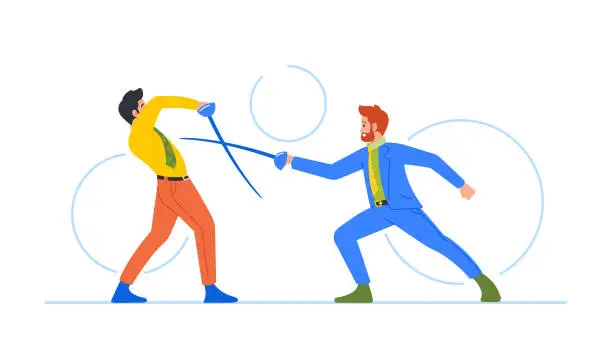 Vector illustration of Male Business Characters Engage In Fencing Duel With Rapier In Professional Setting. Competition, Strategy And Pursuit