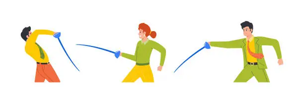 Vector illustration of Male and Female Business Characters Fence With Rapiers Isolated on White Background. Fencing Club Competition