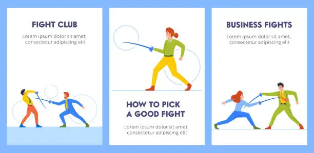 Vector illustration of Business Fights Cartoon Banners. Men and Women Characters Fence With Rapiers or Fight on Swords in Encounter