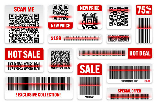 product barcodes and qr codes with red scanning line. sale stickers, discount label or promotional badge. serial number, product id. store, supermarket scan labels, price tag. vector illustration - sale stock illustrations