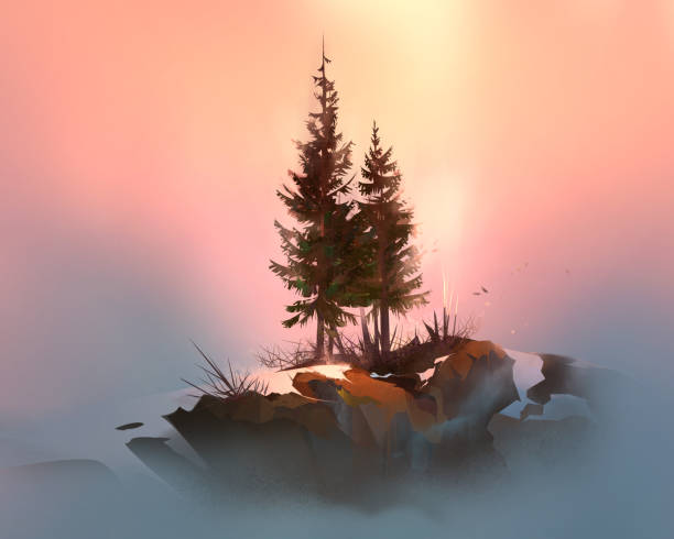 istock Painted silhouettes of a fir tree illuminated by the sun in winter 1474715580