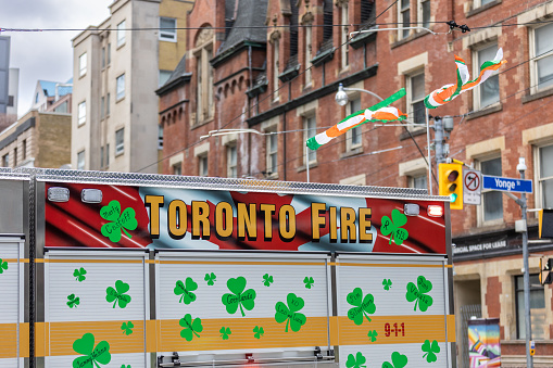 Toronto, Canada - March 19, 2023 : Toronto Fire truck at the St Patrick's Day parade