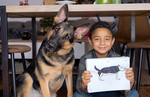 Portrait of an African American boy holding the drawing of his dog. His German shepherd dog is next to him. They are at home under the dining room