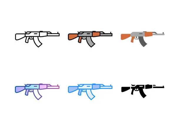 Vector illustration of AK 47 rifle icon. 6 Different styles. Editable stroke.