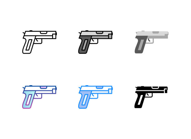 ilustraciones, imágenes clip art, dibujos animados e iconos de stock de icono de pistola. 6 estilos diferentes. trazo editable. - handgun gun blue black