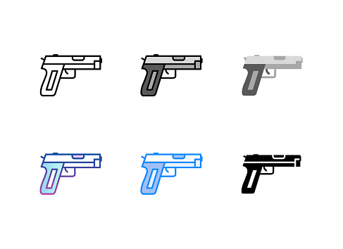 Pistol gun icon. 6 Different styles. Editable stroke. Vector illustration.