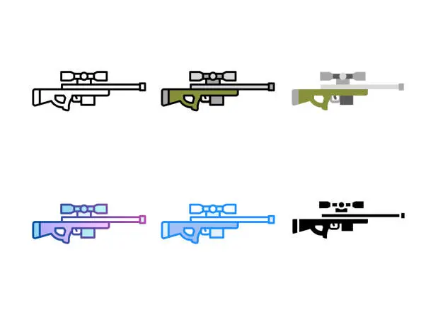 Vector illustration of Sniper rifle icon. 6 Different styles. Editable stroke.