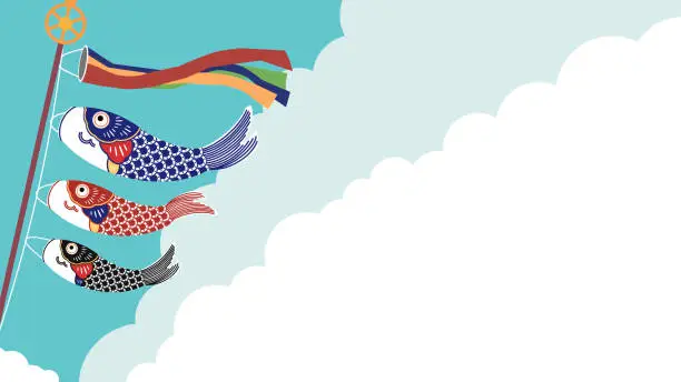 Vector illustration of Background template 1 (blue) with blue sky with clouds spreading and various carp streamers