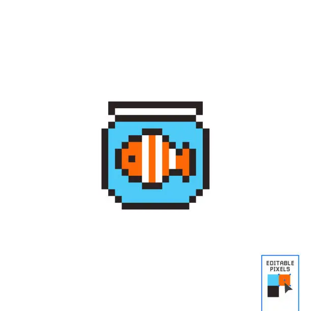 Vector illustration of Fish tank icon concept with yellow fish. Vector illustration design for sign and symbol. Pixel goldfish in fishbowl detailed isolated vector
